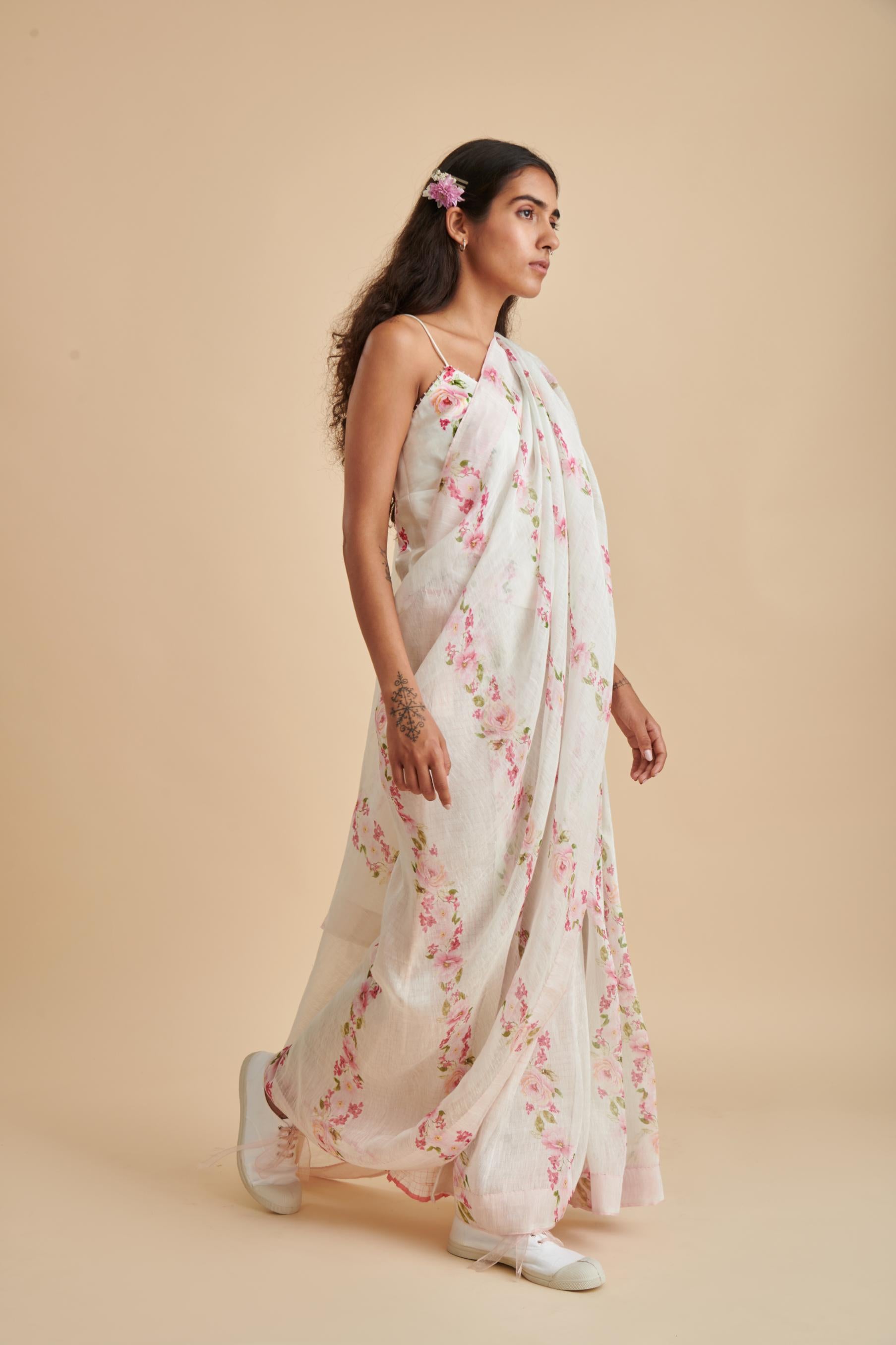 Floral Stripe Silk Linen Sari