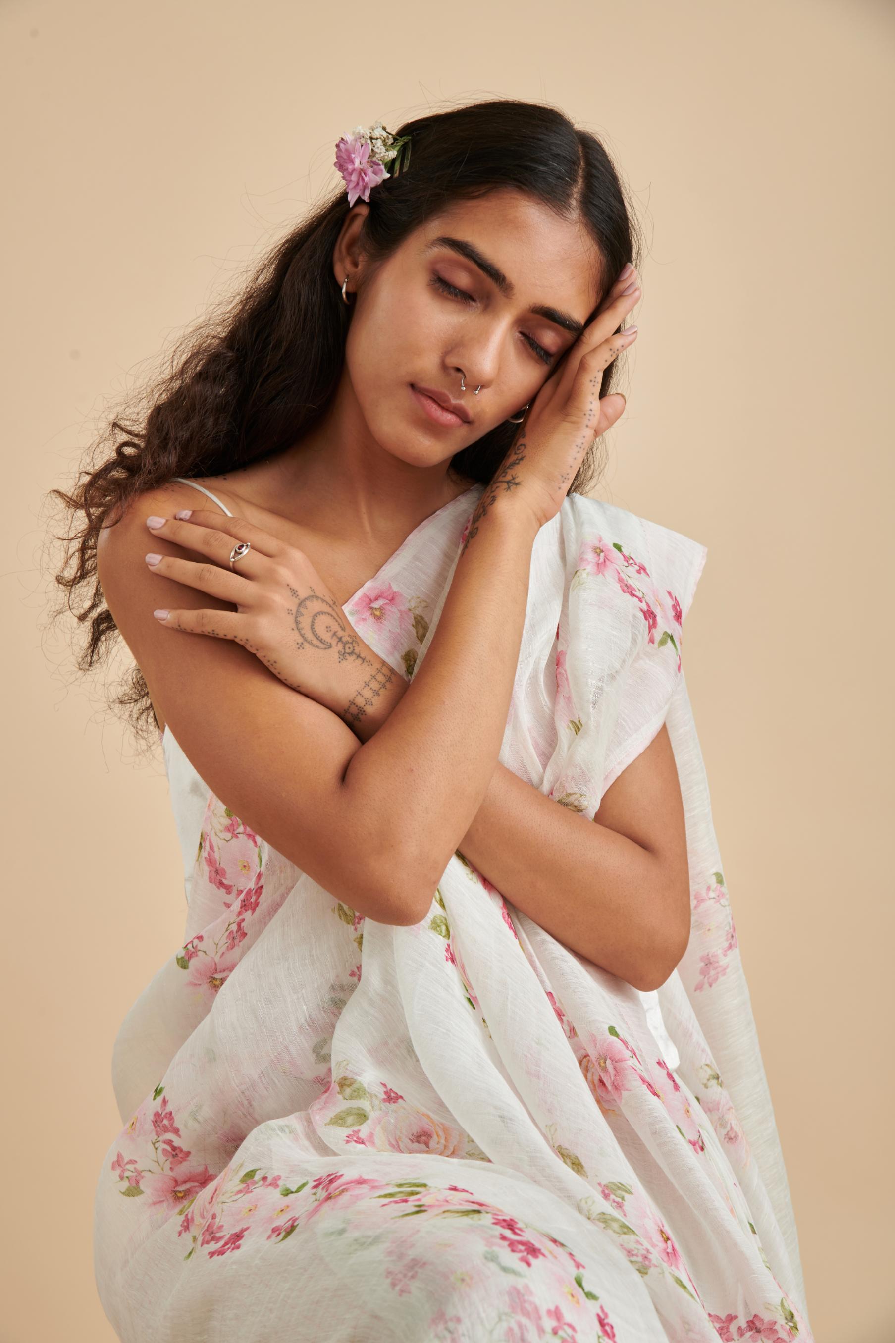 Floral Stripe Silk Linen Sari