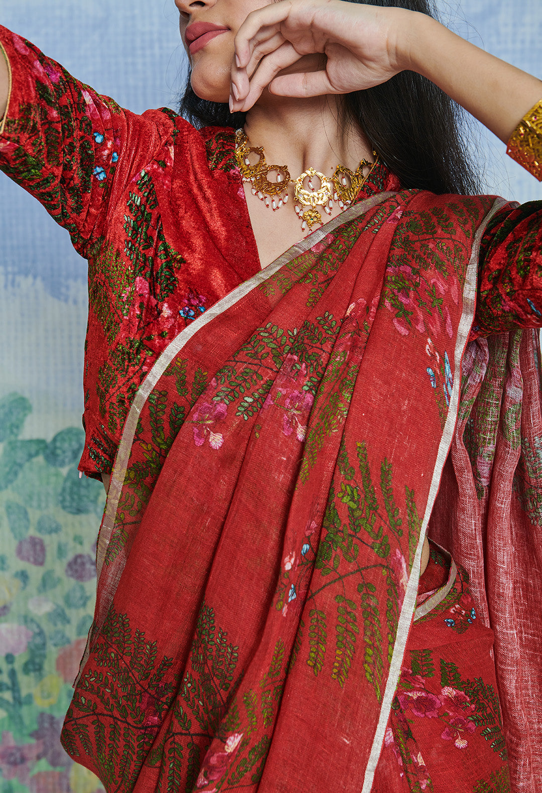 Red Linen Sari with Green Print 