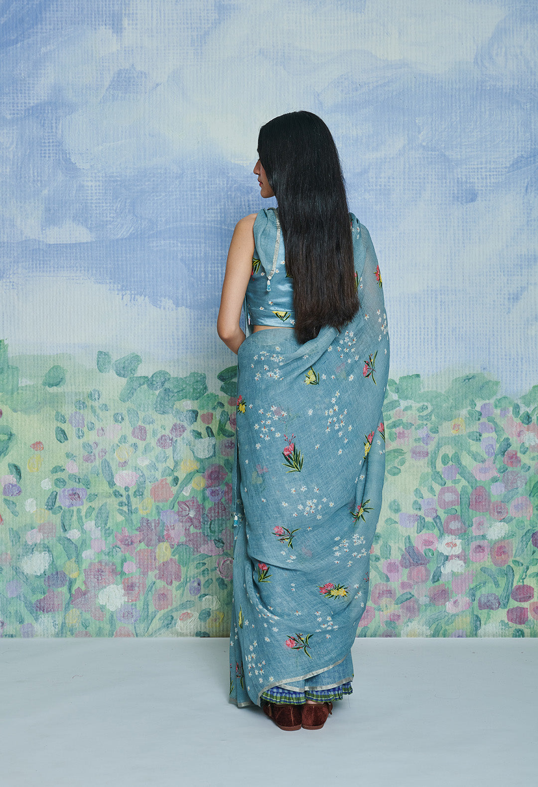 Parijaat Blue Linen Sari