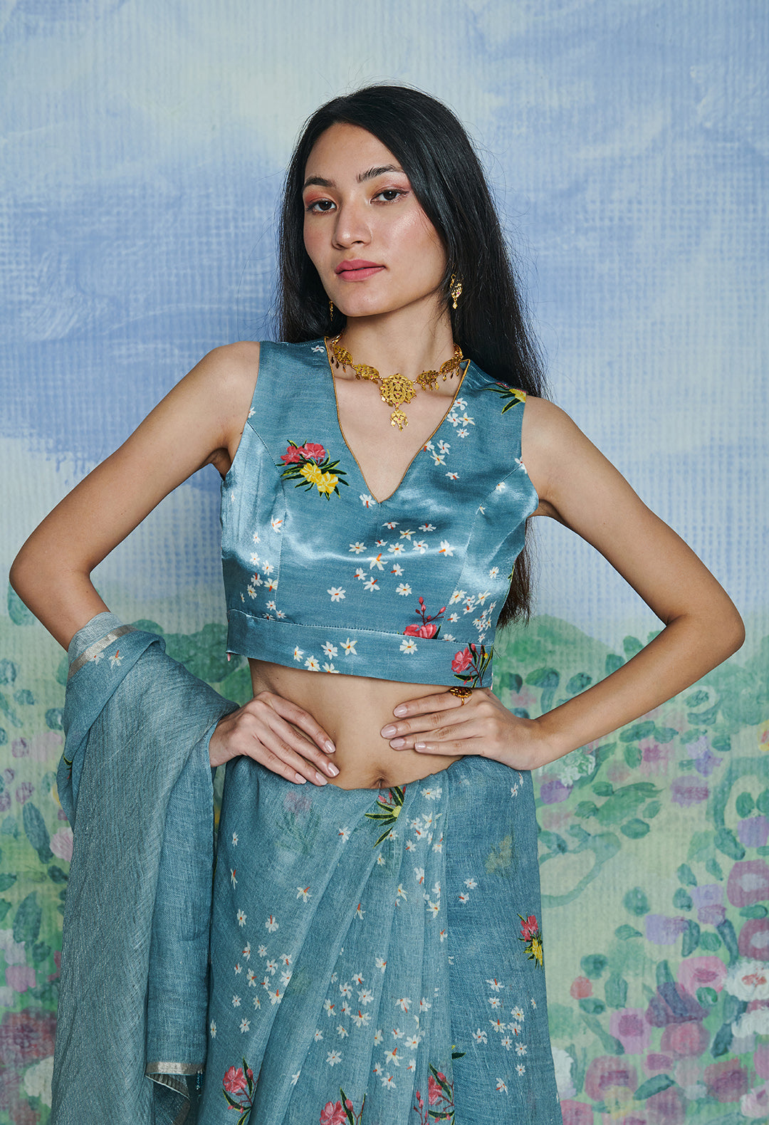 V Neck Satin  Blouse, Sleeveless Blue Parijaat