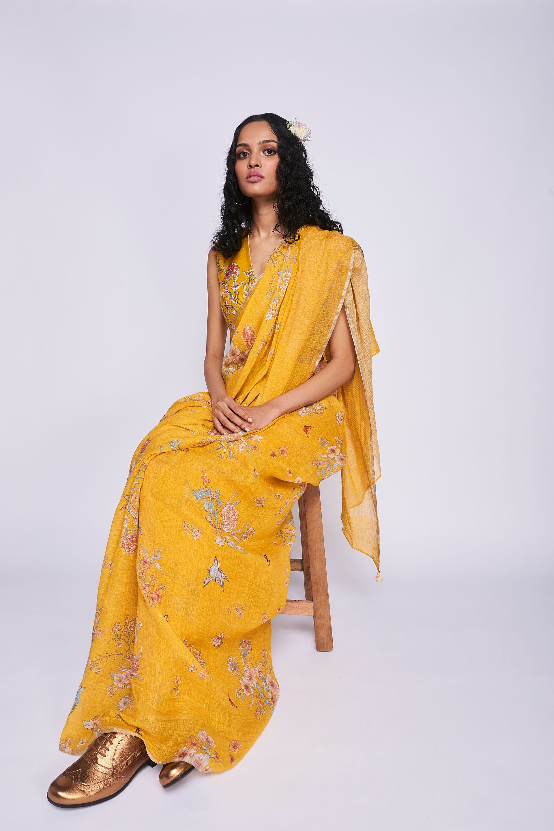 Yellow Bird Linen Sari