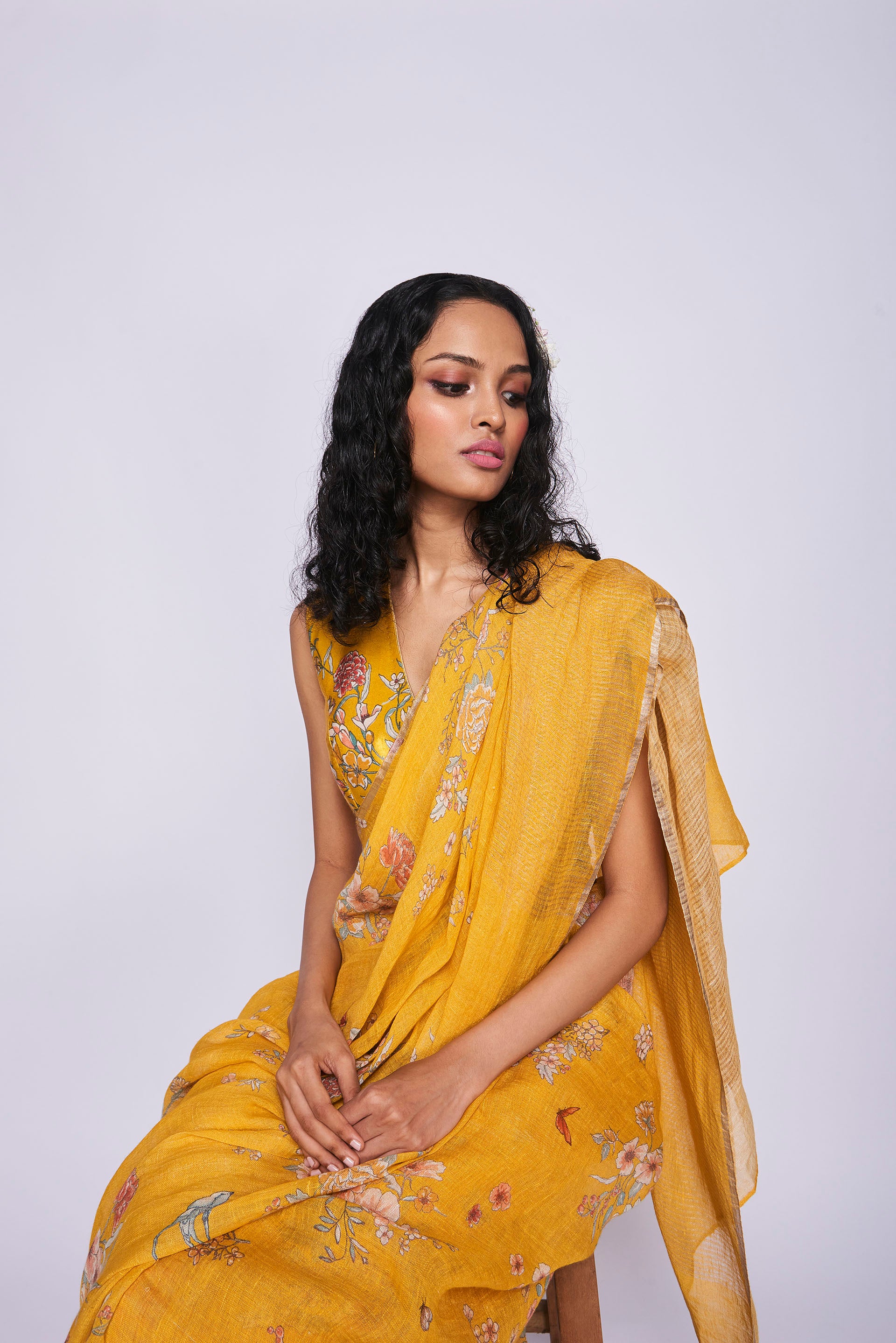 Yellow Bird Linen Sari