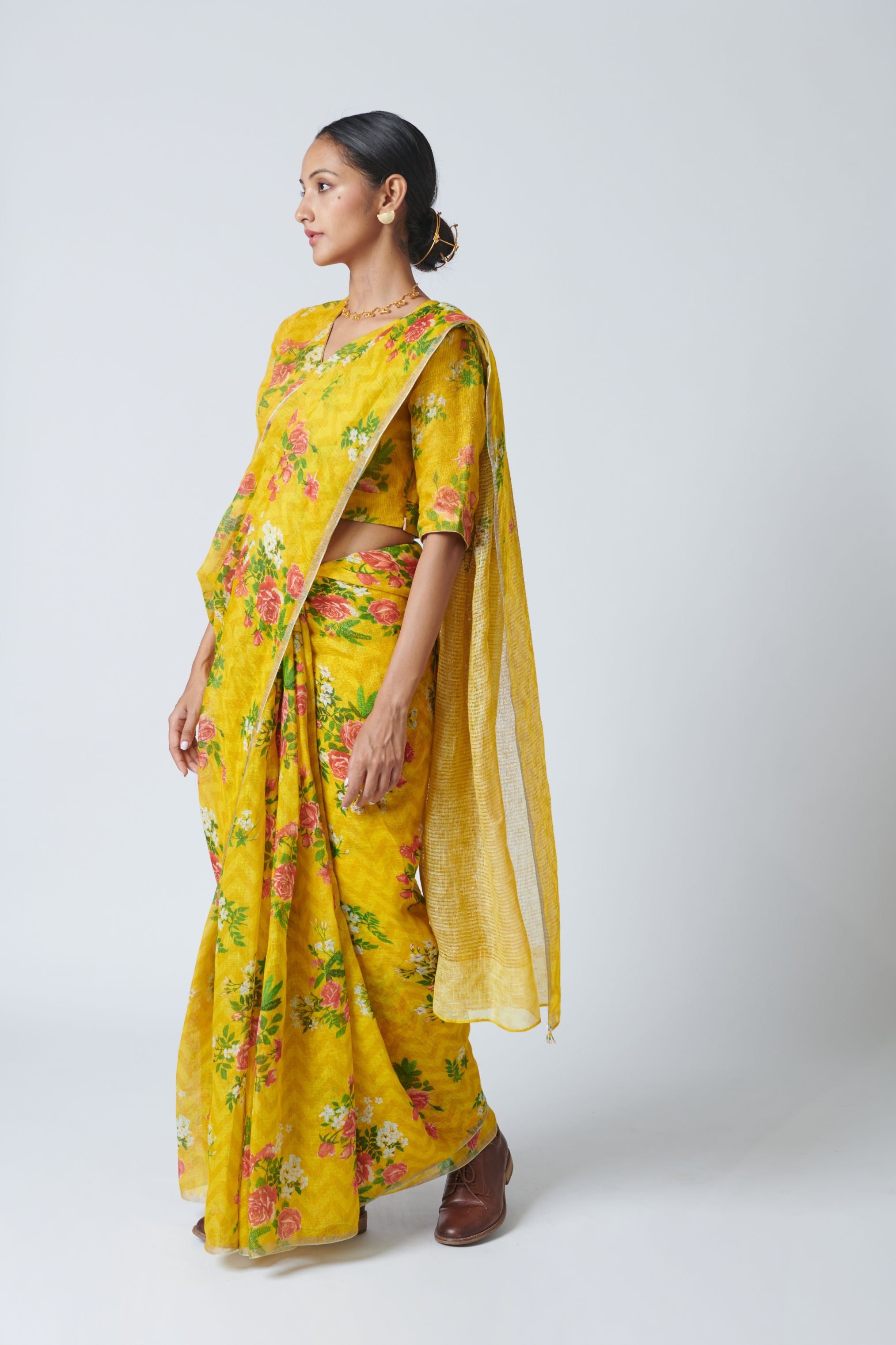 Touch-Me-Not Yellow Linen Sari