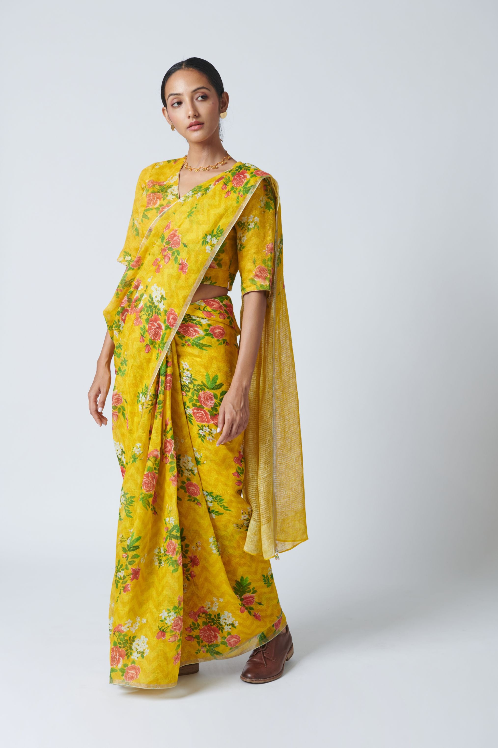 Touch-Me-Not Yellow Linen Sari