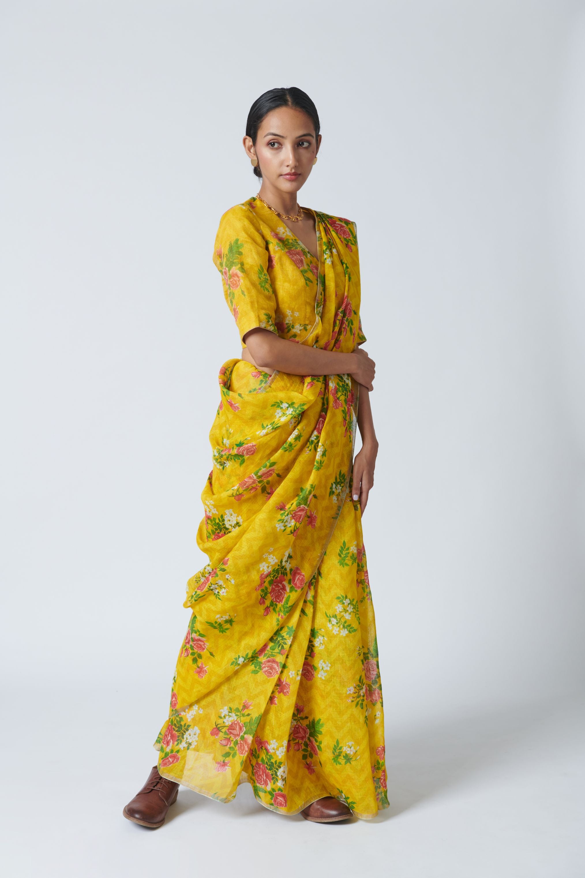 Touch-Me-Not Yellow Linen Sari