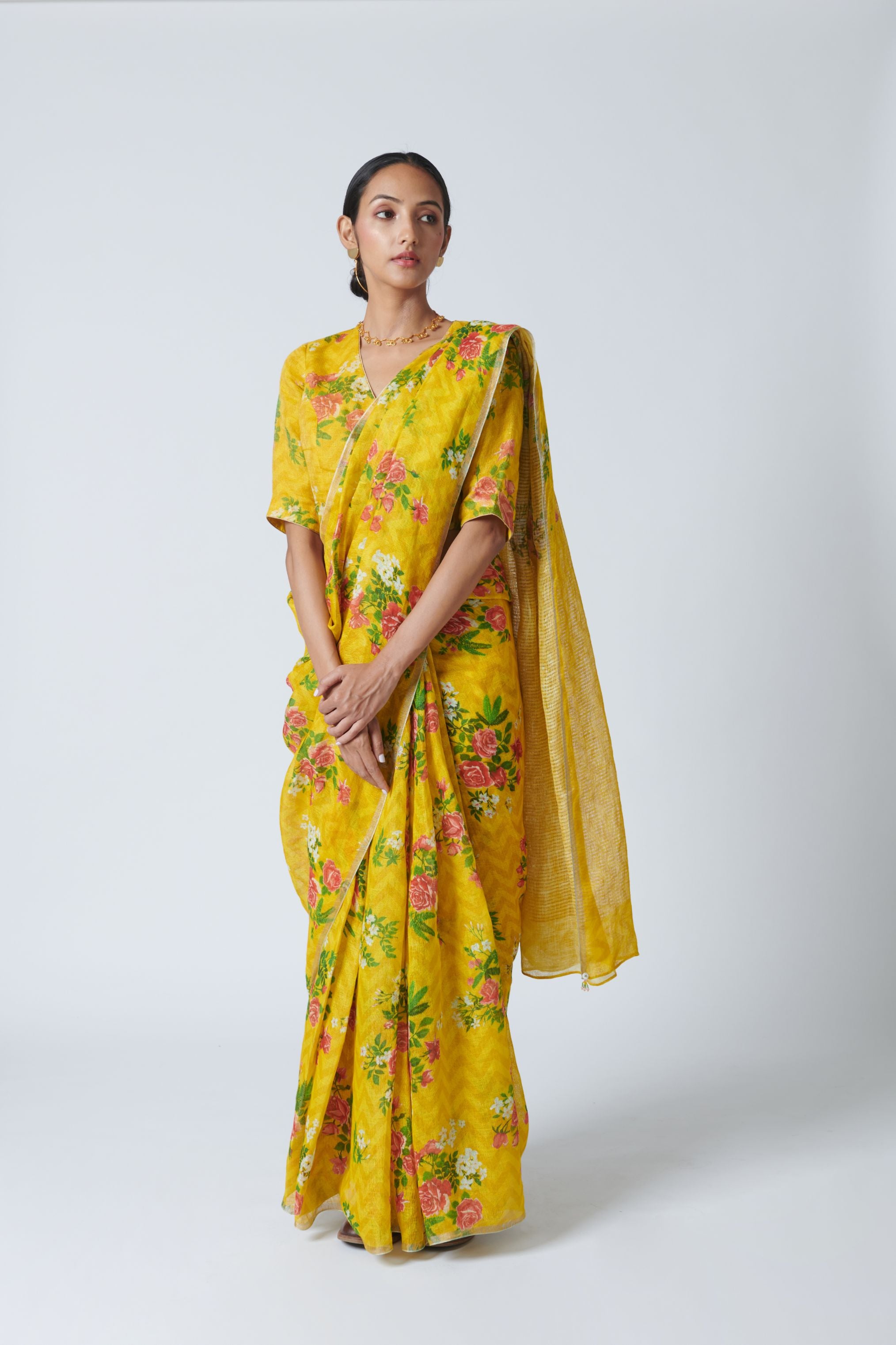 Touch-Me-Not Yellow Linen Sari