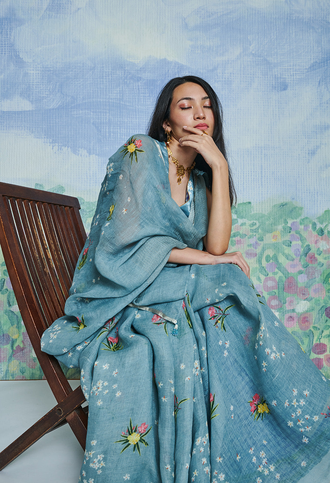 Parijaat Blue Linen Sari