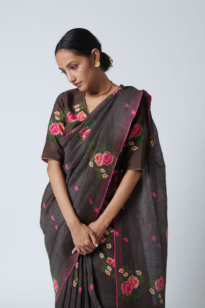 Rose Chintz Silk Linen Sari