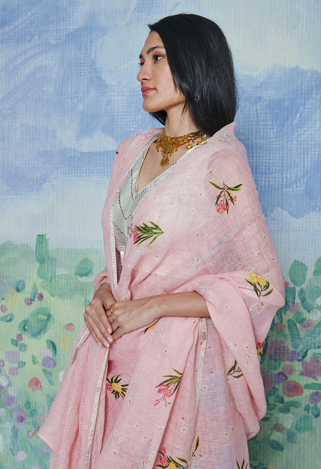 Parijaat Pink Linen Sari