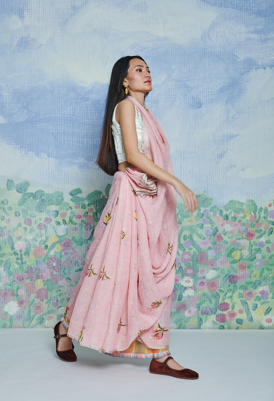 Parijaat Pink Linen Sari