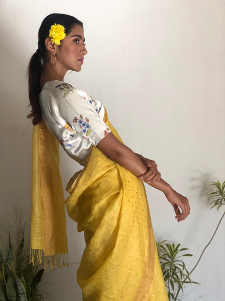 Sunflower Bindu Linen Sari